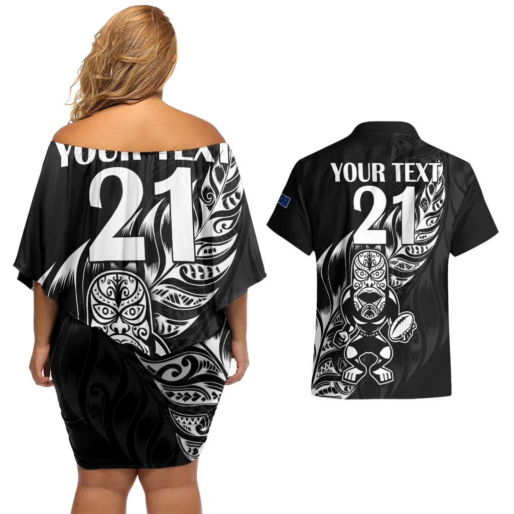 New Zealand Rugby Custom Couples Matching Off Shoulder Short Dress and Hawaiian Shirt Opango All Black Fern LT9 - Polynesian Pride