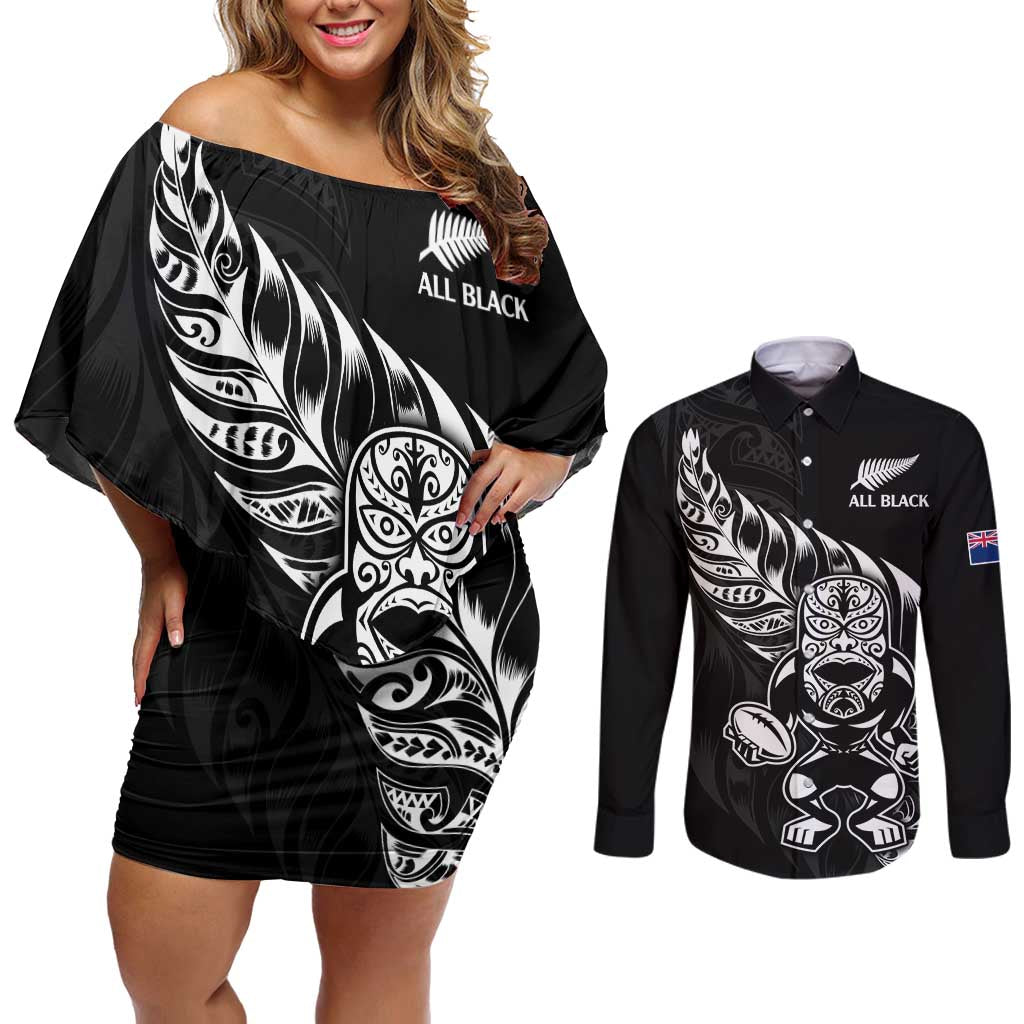 New Zealand Rugby Custom Couples Matching Off Shoulder Short Dress and Long Sleeve Button Shirt Opango All Black Fern LT9 Black - Polynesian Pride
