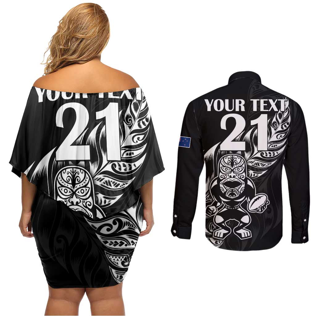 New Zealand Rugby Custom Couples Matching Off Shoulder Short Dress and Long Sleeve Button Shirt Opango All Black Fern LT9 - Polynesian Pride