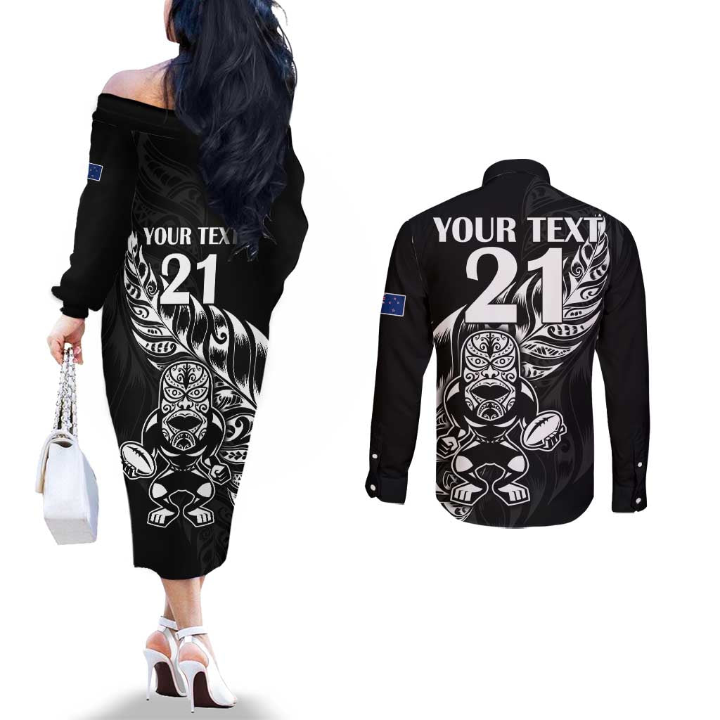 New Zealand Rugby Custom Couples Matching Off The Shoulder Long Sleeve Dress and Long Sleeve Button Shirt Opango All Black Fern LT9 - Polynesian Pride