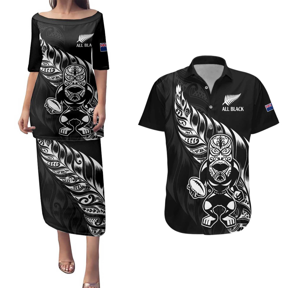 New Zealand Rugby Custom Couples Matching Puletasi and Hawaiian Shirt Opango All Black Fern LT9 Black - Polynesian Pride