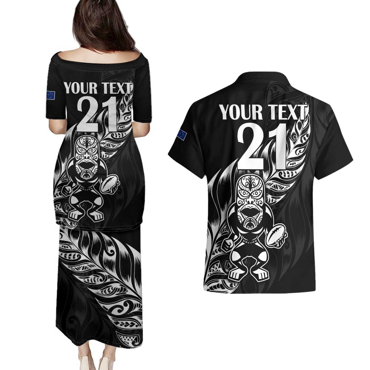 New Zealand Rugby Custom Couples Matching Puletasi and Hawaiian Shirt Opango All Black Fern LT9 - Polynesian Pride