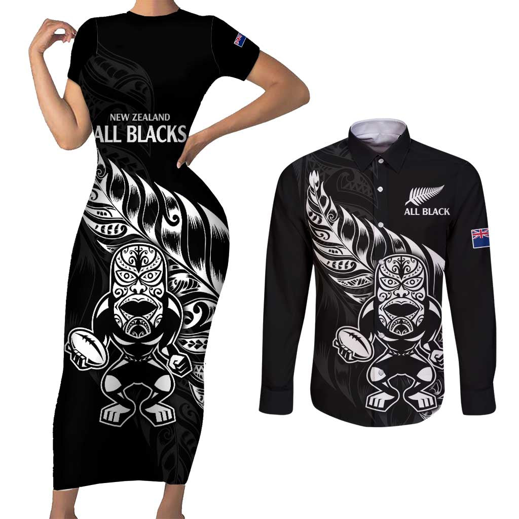 New Zealand Rugby Custom Couples Matching Short Sleeve Bodycon Dress and Long Sleeve Button Shirt Opango All Black Fern LT9 Black - Polynesian Pride