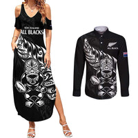 New Zealand Rugby Custom Couples Matching Summer Maxi Dress and Long Sleeve Button Shirt Opango All Black Fern LT9 Black - Polynesian Pride