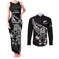 New Zealand Rugby Custom Couples Matching Tank Maxi Dress and Long Sleeve Button Shirt Opango All Black Fern LT9 Black - Polynesian Pride