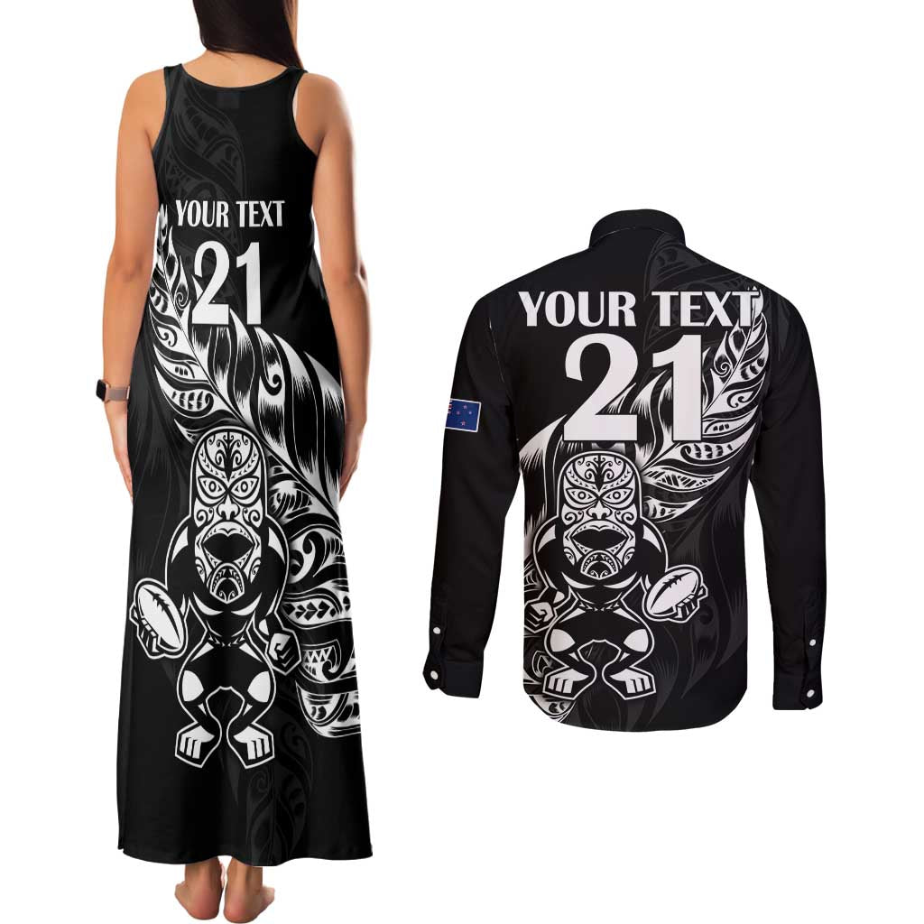 New Zealand Rugby Custom Couples Matching Tank Maxi Dress and Long Sleeve Button Shirt Opango All Black Fern LT9 - Polynesian Pride