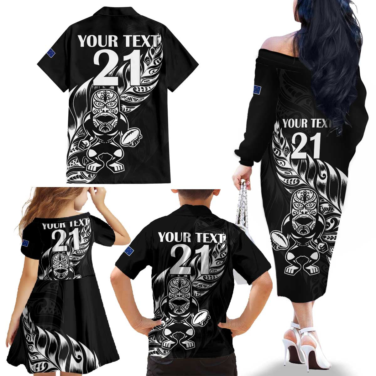 New Zealand Rugby Custom Family Matching Off The Shoulder Long Sleeve Dress and Hawaiian Shirt Opango All Black Fern LT9 - Polynesian Pride