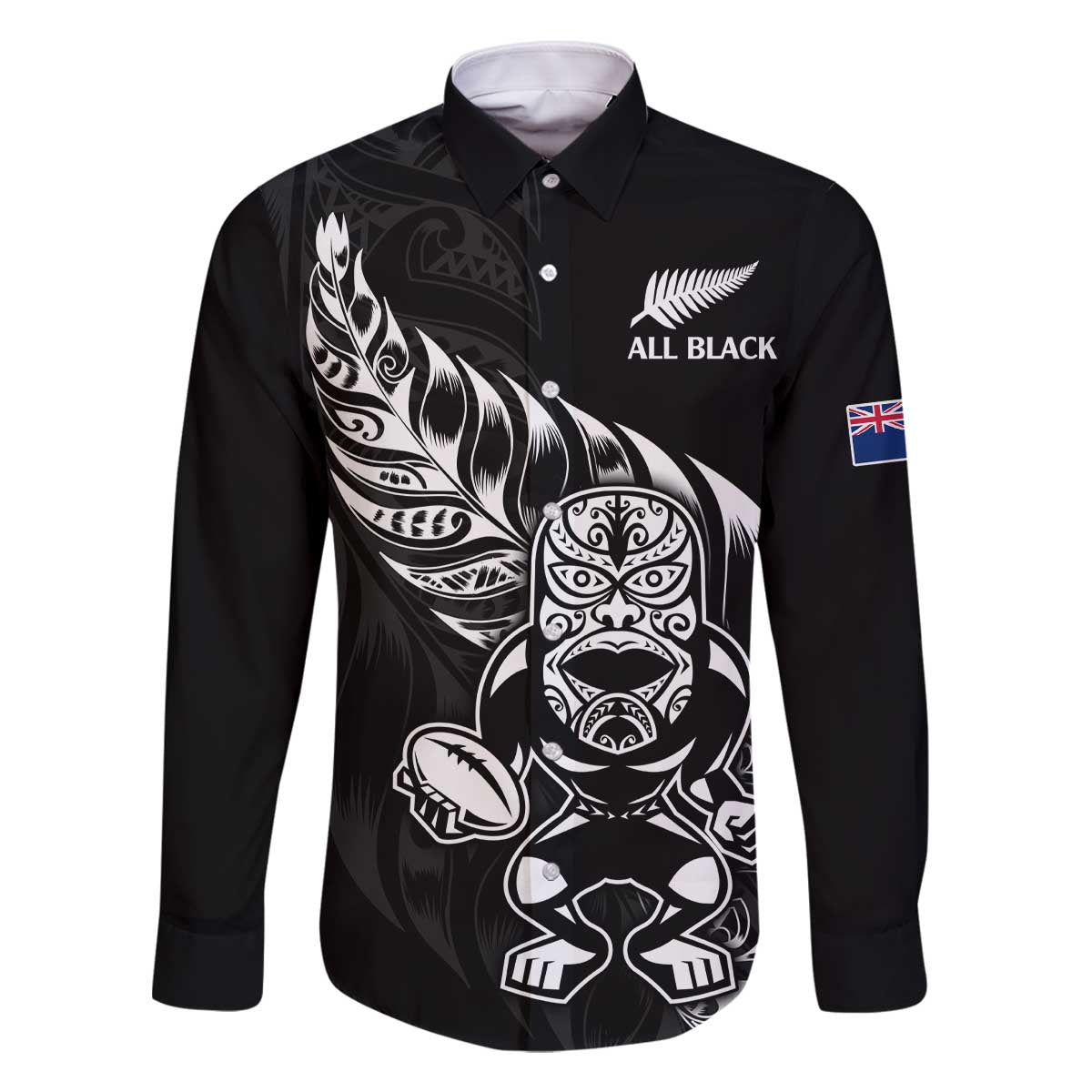 New Zealand Rugby Custom Family Matching Off The Shoulder Long Sleeve Dress and Hawaiian Shirt Opango All Black Fern LT9 Dad's Shirt - Long Sleeve Black - Polynesian Pride