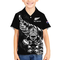 New Zealand Rugby Custom Family Matching Off The Shoulder Long Sleeve Dress and Hawaiian Shirt Opango All Black Fern LT9 Son's Shirt Black - Polynesian Pride