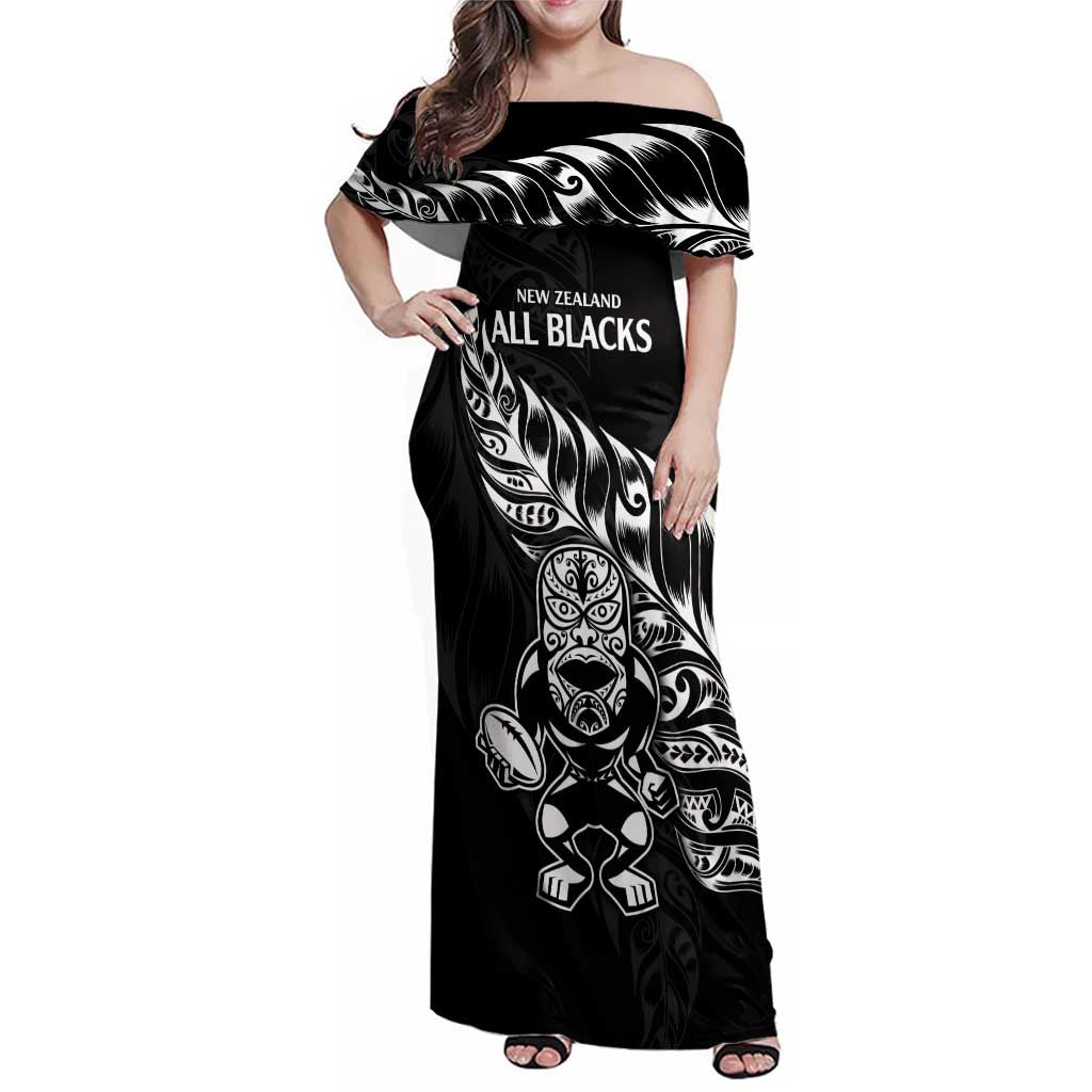 New Zealand Rugby Custom Family Matching Off Shoulder Maxi Dress and Hawaiian Shirt Opango All Black Fern LT9 Mom's Dress Black - Polynesian Pride
