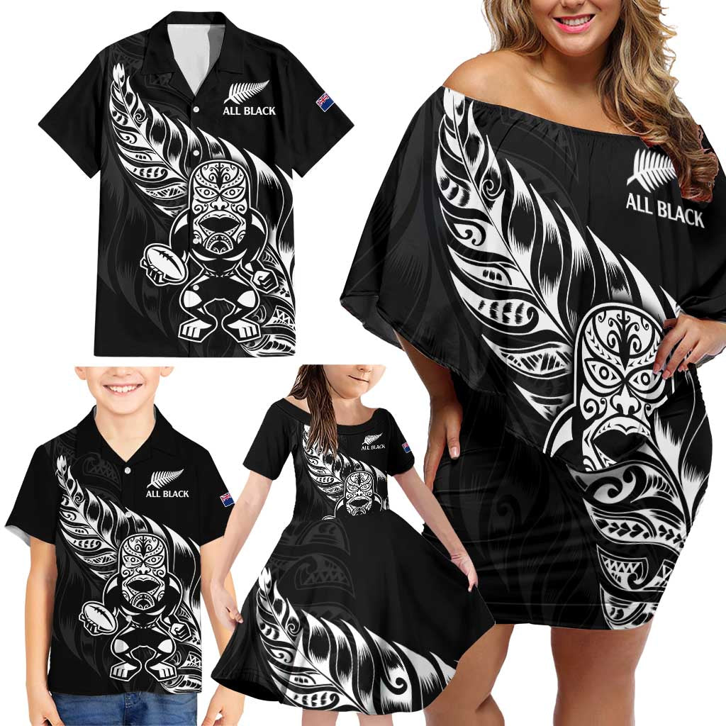 New Zealand Rugby Custom Family Matching Off Shoulder Short Dress and Hawaiian Shirt Opango All Black Fern LT9 - Polynesian Pride