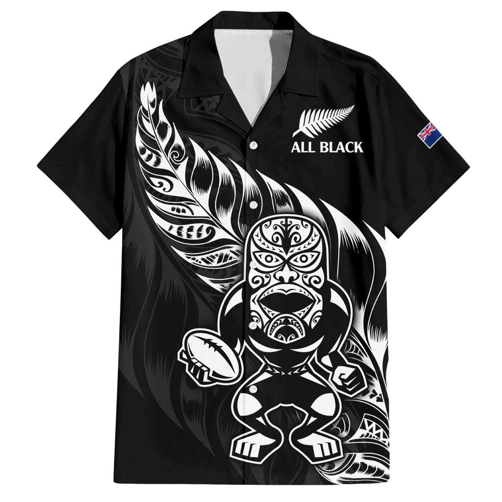 New Zealand Rugby Custom Family Matching Off Shoulder Short Dress and Hawaiian Shirt Opango All Black Fern LT9 Dad's Shirt - Short Sleeve Black - Polynesian Pride