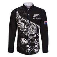 New Zealand Rugby Custom Family Matching Off Shoulder Short Dress and Hawaiian Shirt Opango All Black Fern LT9 Dad's Shirt - Long Sleeve Black - Polynesian Pride
