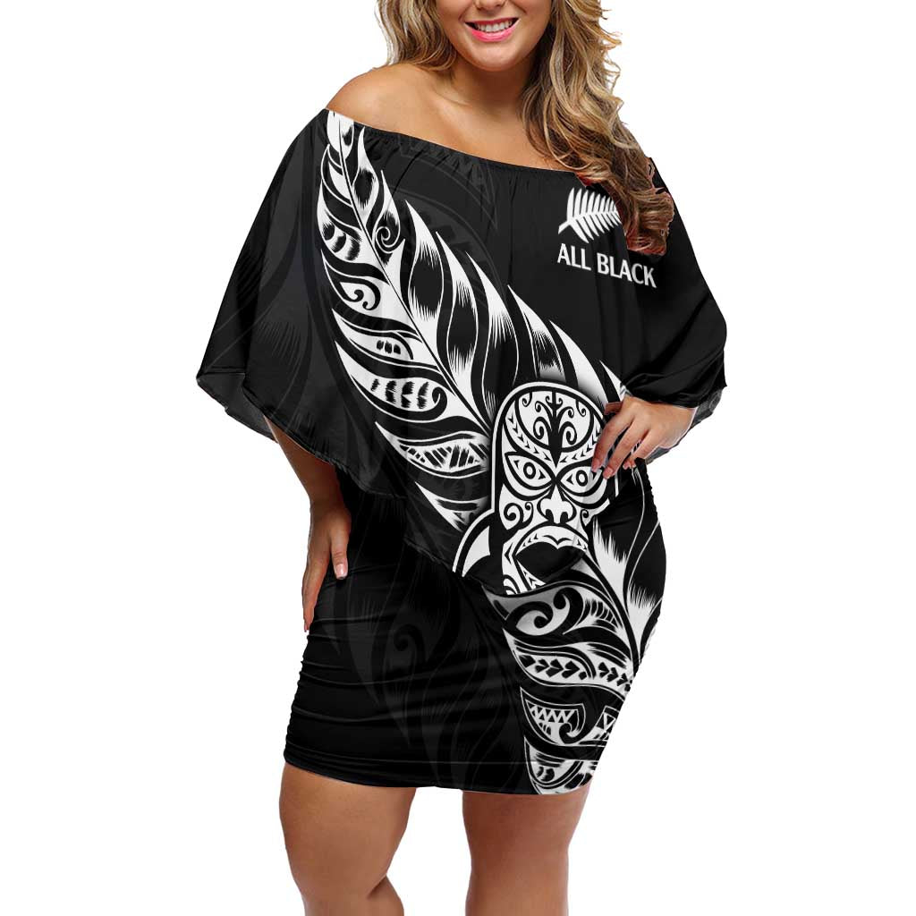 New Zealand Rugby Custom Family Matching Off Shoulder Short Dress and Hawaiian Shirt Opango All Black Fern LT9 Mom's Dress Black - Polynesian Pride