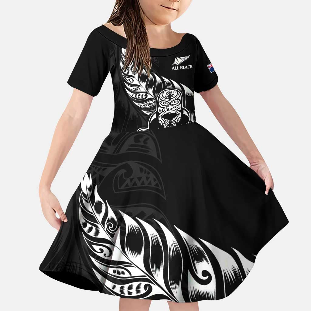 New Zealand Rugby Custom Family Matching Puletasi and Hawaiian Shirt Opango All Black Fern LT9 Daughter's Dress Black - Polynesian Pride