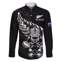 New Zealand Rugby Custom Family Matching Puletasi and Hawaiian Shirt Opango All Black Fern LT9 Dad's Shirt - Long Sleeve Black - Polynesian Pride