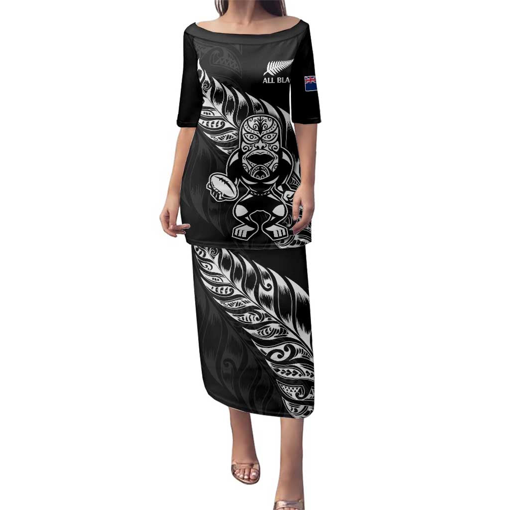 New Zealand Rugby Custom Family Matching Puletasi and Hawaiian Shirt Opango All Black Fern LT9 Mom's Dress Black - Polynesian Pride