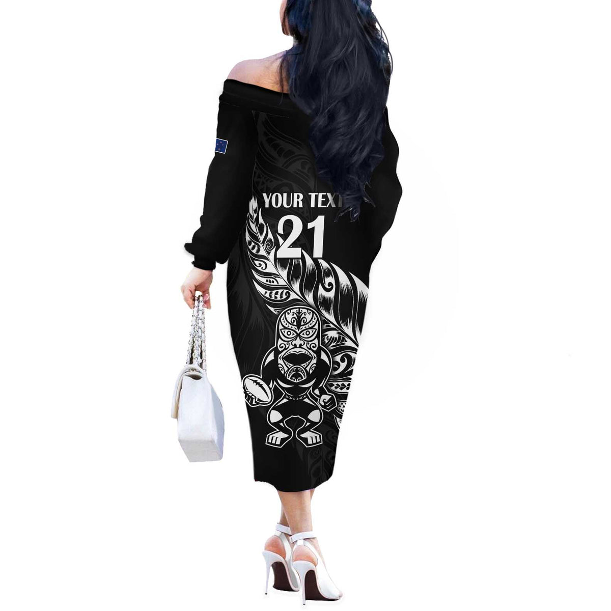 New Zealand Rugby Custom Off The Shoulder Long Sleeve Dress Opango All Black Fern LT9 - Polynesian Pride