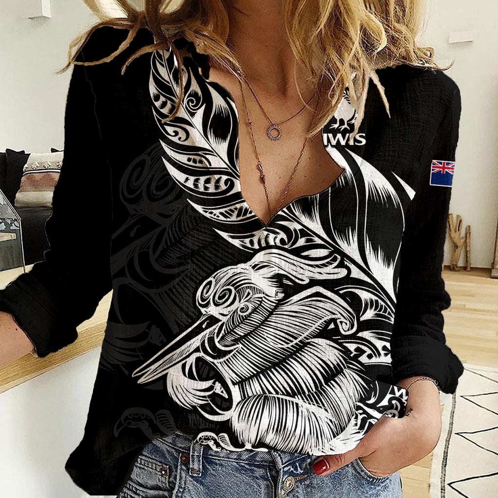 (Custom Text And Number) New Zealand Kiwi Rugby Women Casual Shirt LT9 Female Black - Polynesian Pride