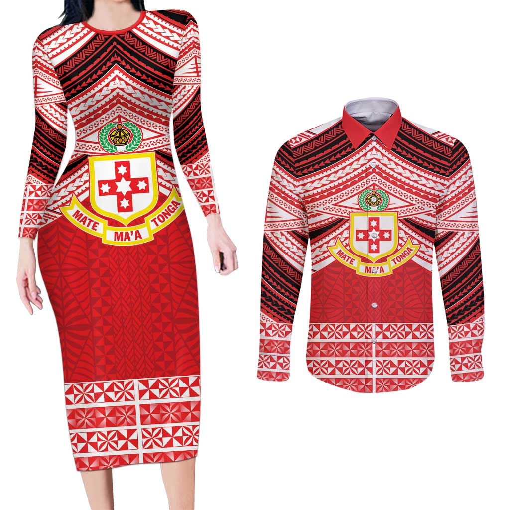 Personalised Kolisi Tonga College Atele Couples Matching Long Sleeve Bodycon Dress and Long Sleeve Button Shirt Polynesian Ngatu Tribal
