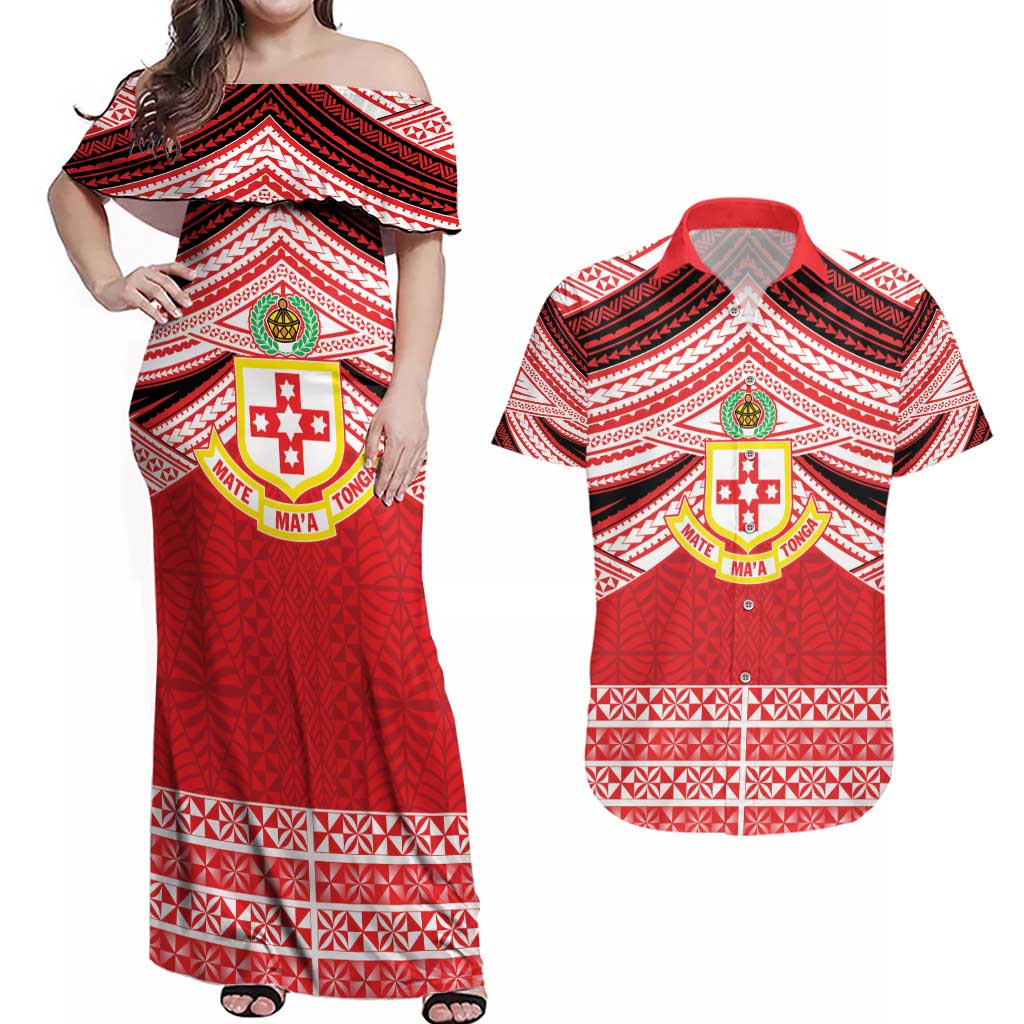 Personalised Kolisi Tonga College Atele Couples Matching Off Shoulder Maxi Dress and Hawaiian Shirt Polynesian Ngatu Tribal LT9 Red - Polynesian Pride
