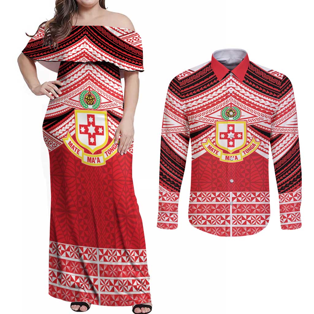 Personalised Kolisi Tonga College Atele Couples Matching Off Shoulder Maxi Dress and Long Sleeve Button Shirt Polynesian Ngatu Tribal LT9 Red - Polynesian Pride