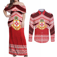 Personalised Kolisi Tonga College Atele Couples Matching Off Shoulder Maxi Dress and Long Sleeve Button Shirt Polynesian Ngatu Tribal LT9 Red - Polynesian Pride