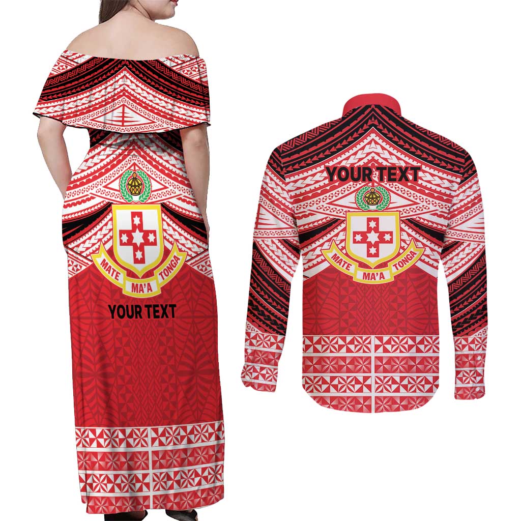 Personalised Kolisi Tonga College Atele Couples Matching Off Shoulder Maxi Dress and Long Sleeve Button Shirt Polynesian Ngatu Tribal LT9 - Polynesian Pride