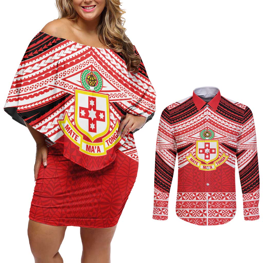 Personalised Kolisi Tonga College Atele Couples Matching Off Shoulder Short Dress and Long Sleeve Button Shirt Polynesian Ngatu Tribal LT9 Red - Polynesian Pride