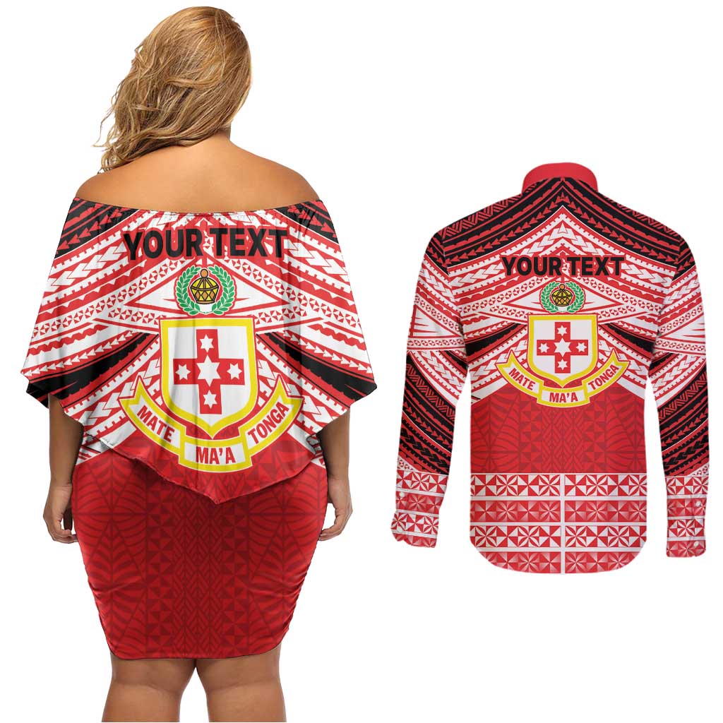 Personalised Kolisi Tonga College Atele Couples Matching Off Shoulder Short Dress and Long Sleeve Button Shirt Polynesian Ngatu Tribal LT9 - Polynesian Pride