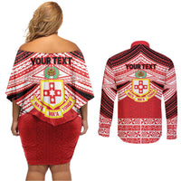 Personalised Kolisi Tonga College Atele Couples Matching Off Shoulder Short Dress and Long Sleeve Button Shirt Polynesian Ngatu Tribal LT9 - Polynesian Pride
