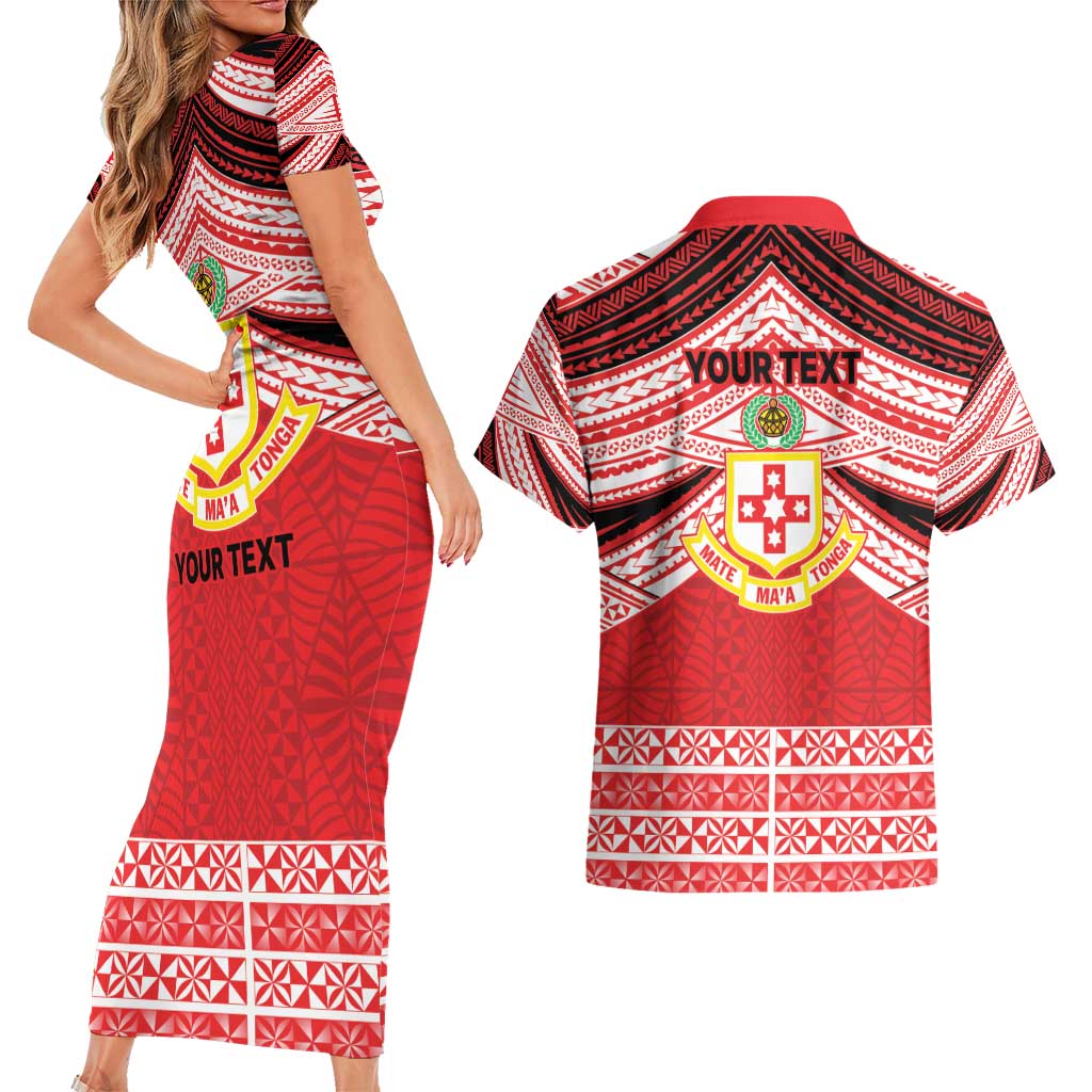 Personalised Kolisi Tonga College Atele Couples Matching Short Sleeve Bodycon Dress and Hawaiian Shirt Polynesian Ngatu Tribal
