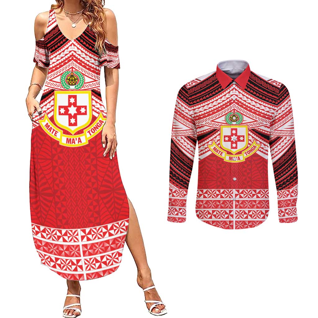 Personalised Kolisi Tonga College Atele Couples Matching Summer Maxi Dress and Long Sleeve Button Shirt Polynesian Ngatu Tribal