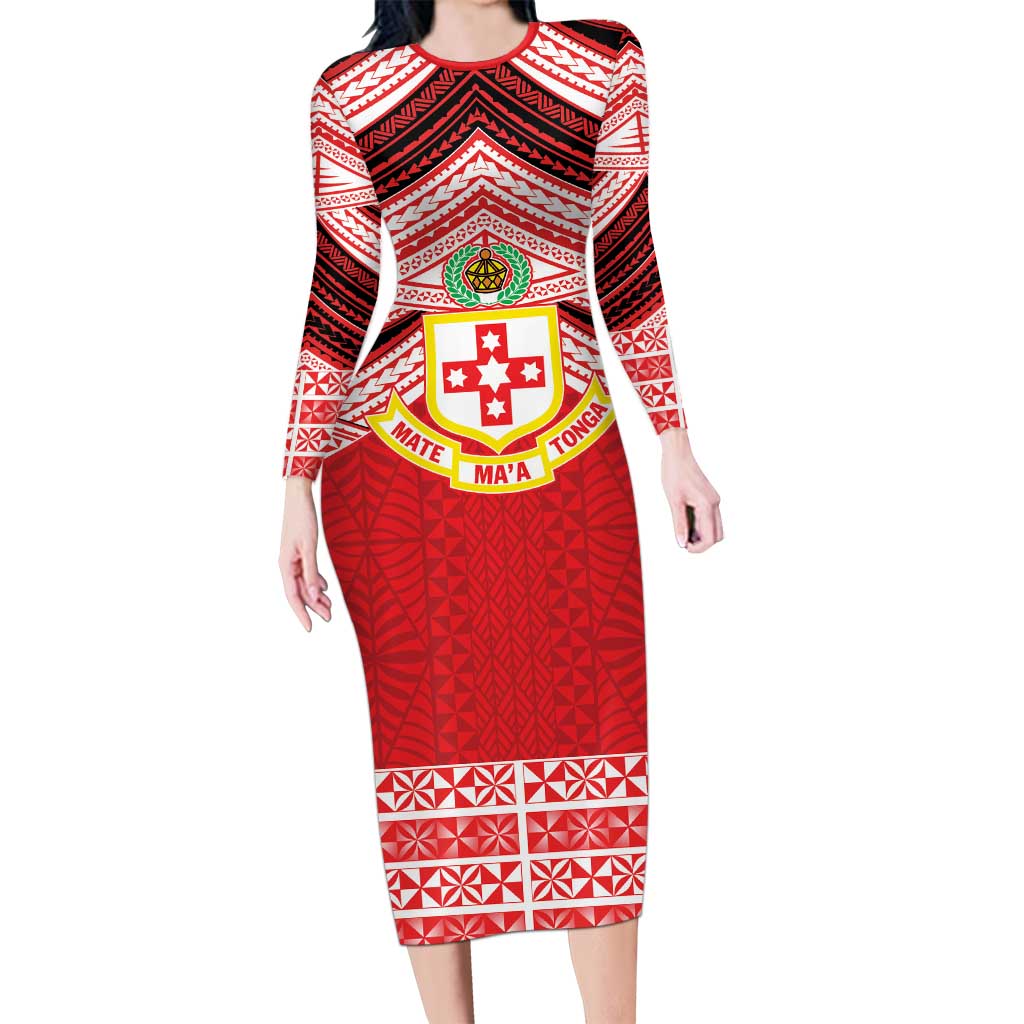Personalised Kolisi Tonga College Atele Family Matching Long Sleeve Bodycon Dress and Hawaiian Shirt Polynesian Ngatu Tribal