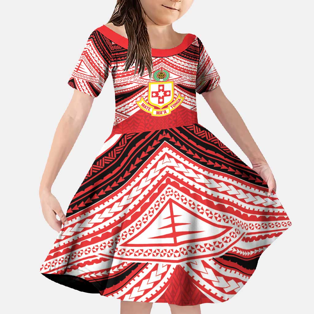 Personalised Kolisi Tonga College Atele Family Matching Off Shoulder Maxi Dress and Hawaiian Shirt Polynesian Ngatu Tribal LT9 Daughter's Dress Red - Polynesian Pride