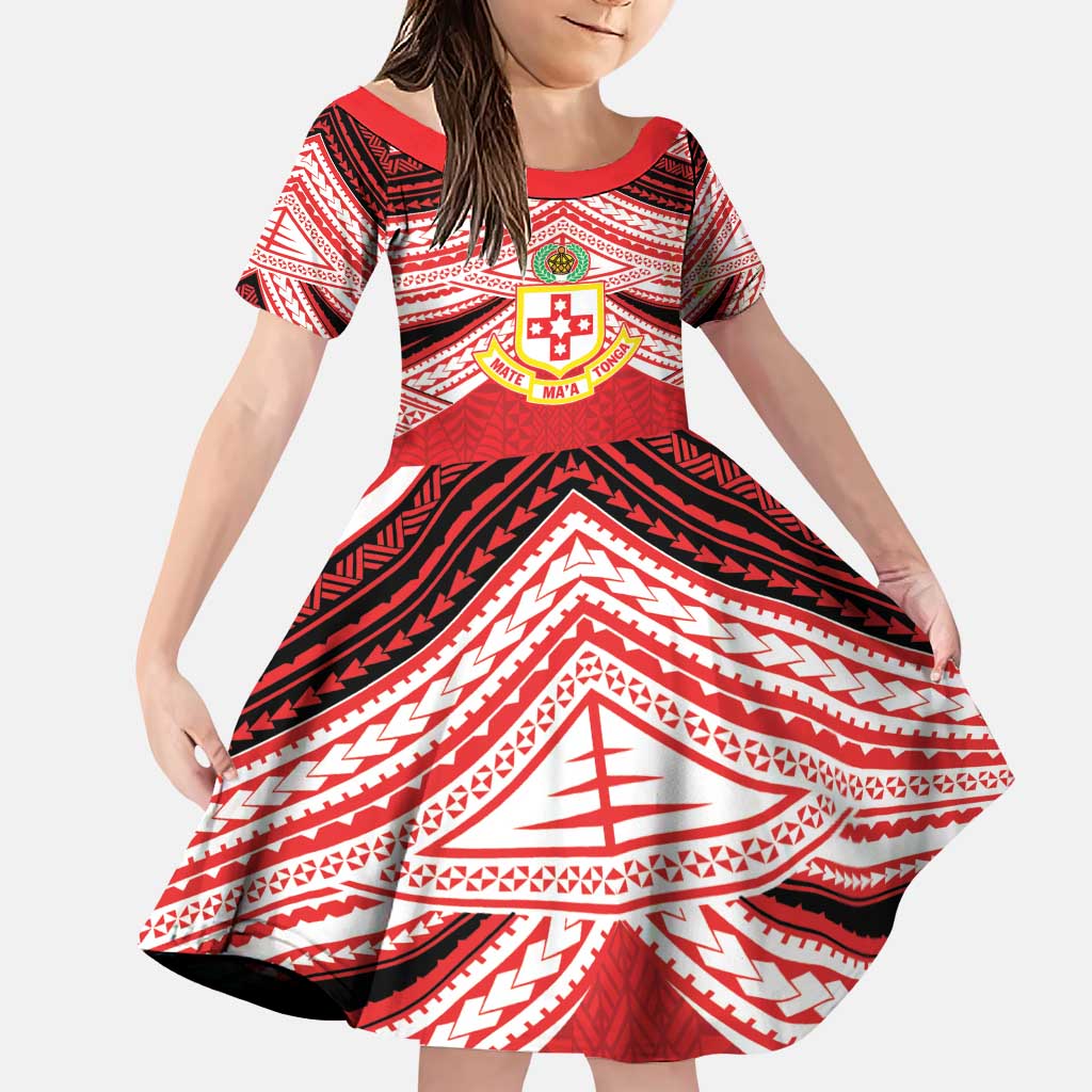 Personalised Kolisi Tonga College Atele Family Matching Puletasi and Hawaiian Shirt Polynesian Ngatu Tribal LT9 Daughter's Dress Red - Polynesian Pride