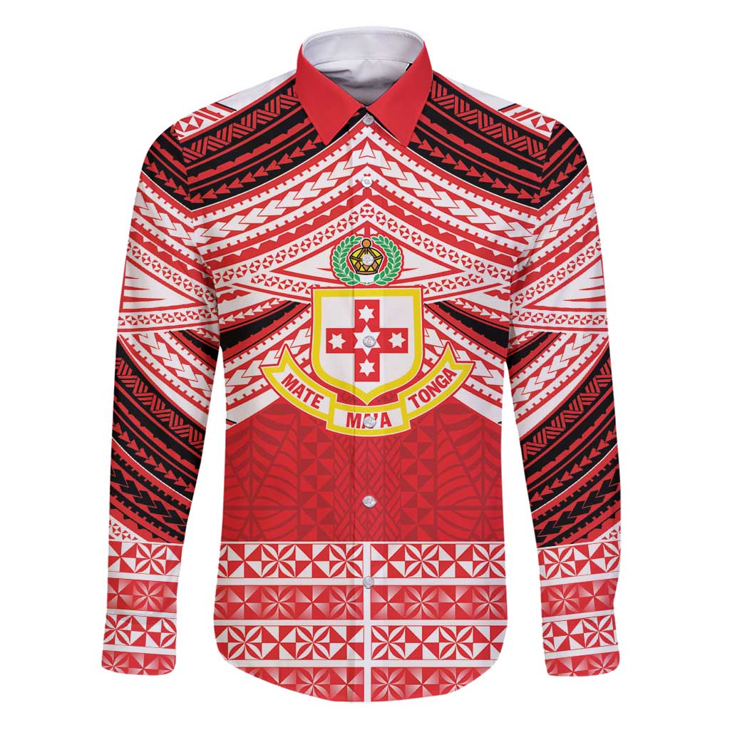 Personalised Kolisi Tonga College Atele Family Matching Puletasi and Hawaiian Shirt Polynesian Ngatu Tribal LT9 Dad's Shirt - Long Sleeve Red - Polynesian Pride