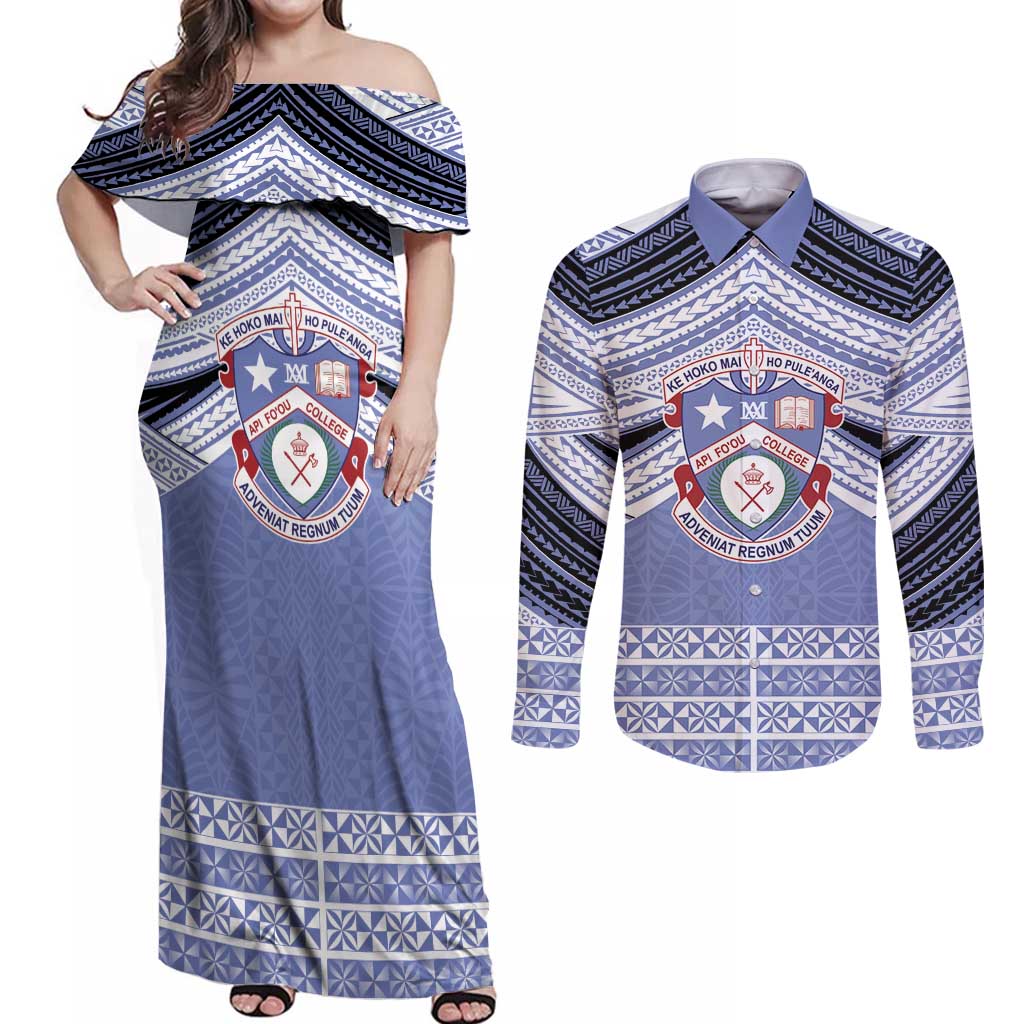 Personalised Tonga Apifoou College Couples Matching Off Shoulder Maxi Dress and Long Sleeve Button Shirt Polynesian Ngatu Tribal LT9 Blue - Polynesian Pride