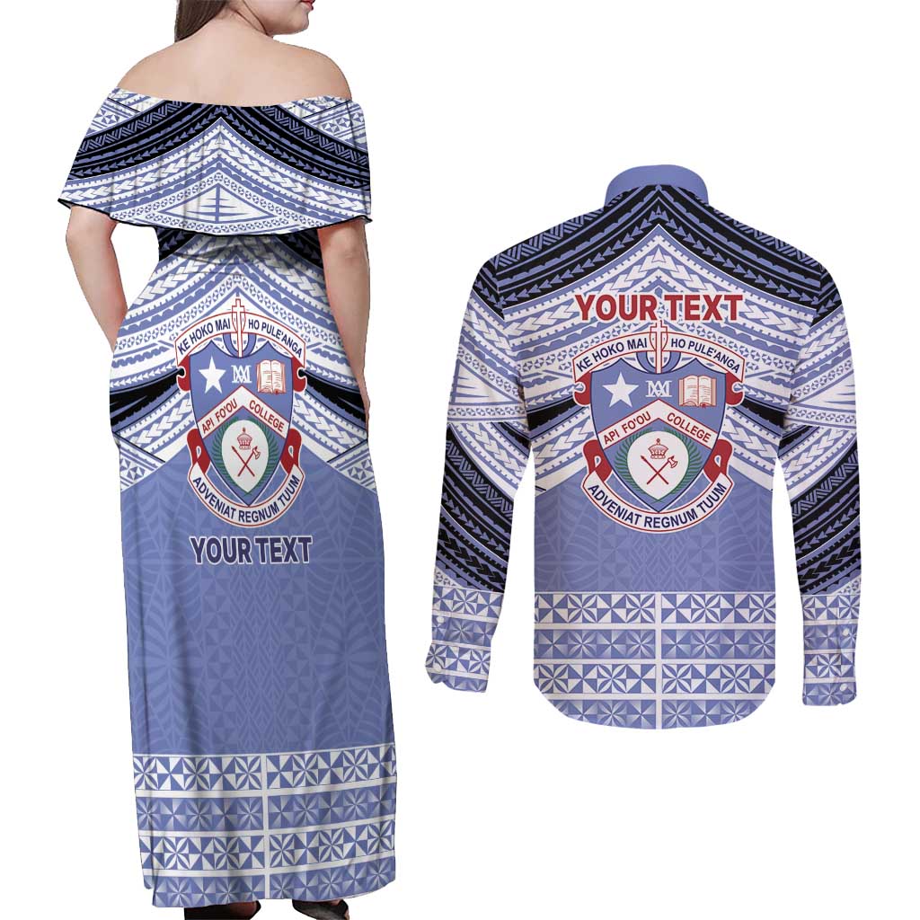 Personalised Tonga Apifoou College Couples Matching Off Shoulder Maxi Dress and Long Sleeve Button Shirt Polynesian Ngatu Tribal LT9 - Polynesian Pride