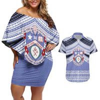 Personalised Tonga Apifoou College Couples Matching Off Shoulder Short Dress and Hawaiian Shirt Polynesian Ngatu Tribal LT9 Blue - Polynesian Pride