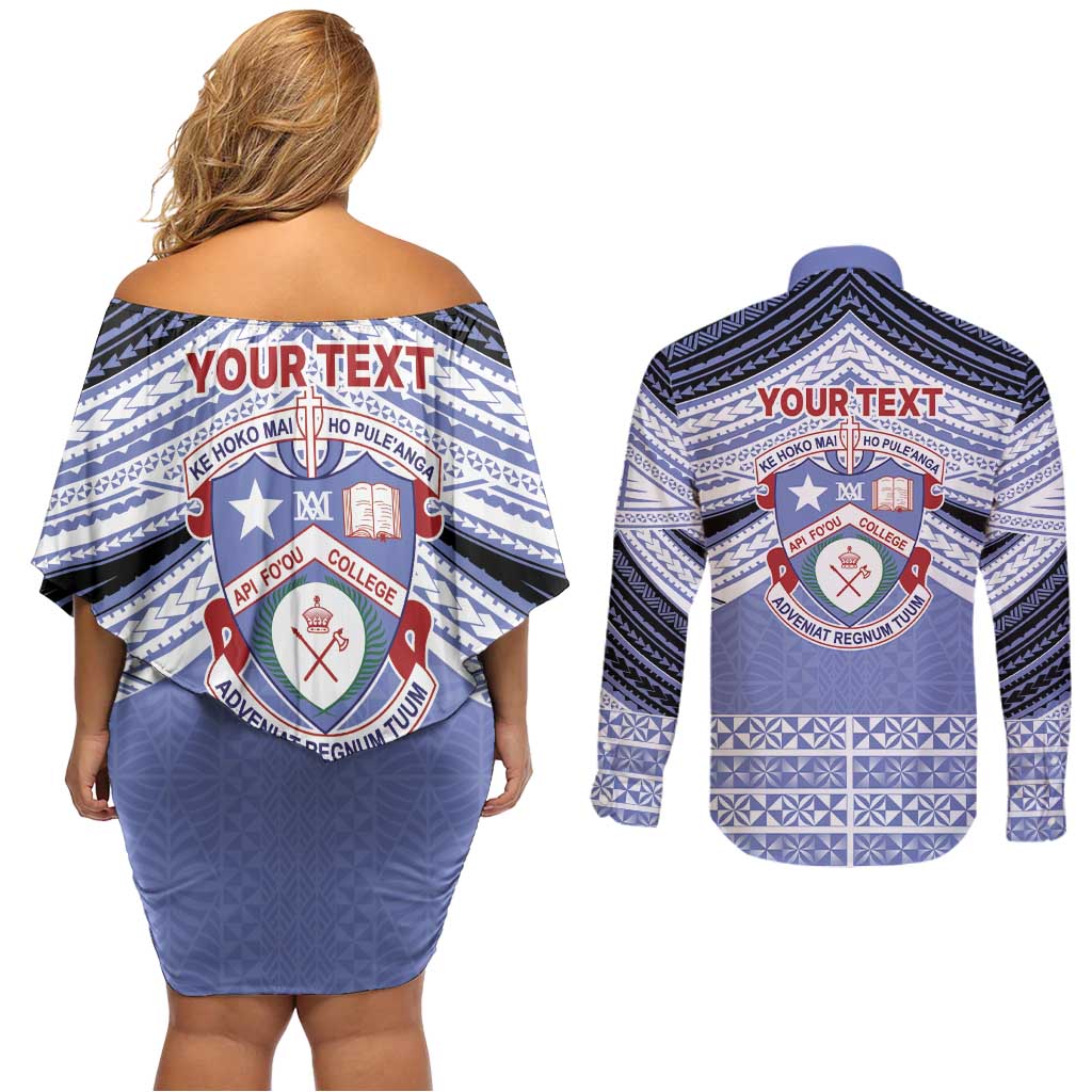 Personalised Tonga Apifoou College Couples Matching Off Shoulder Short Dress and Long Sleeve Button Shirt Polynesian Ngatu Tribal LT9 - Polynesian Pride