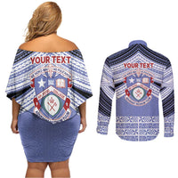 Personalised Tonga Apifoou College Couples Matching Off Shoulder Short Dress and Long Sleeve Button Shirt Polynesian Ngatu Tribal LT9 - Polynesian Pride