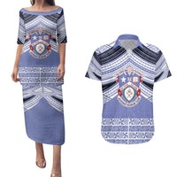 Personalised Tonga Apifoou College Couples Matching Puletasi and Hawaiian Shirt Polynesian Ngatu Tribal LT9 Blue - Polynesian Pride
