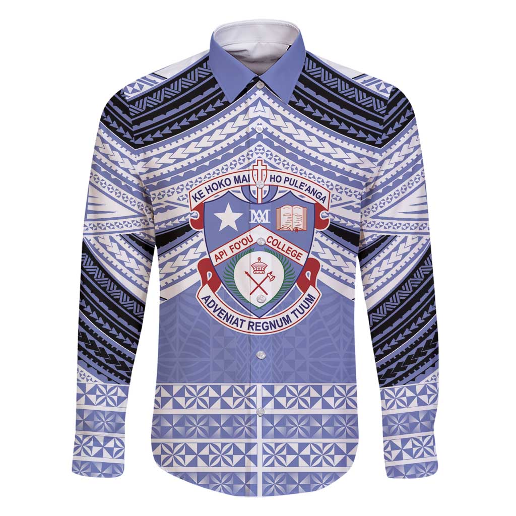 Personalised Tonga Apifoou College Family Matching Off Shoulder Maxi Dress and Hawaiian Shirt Polynesian Ngatu Tribal LT9 Dad's Shirt - Long Sleeve Blue - Polynesian Pride