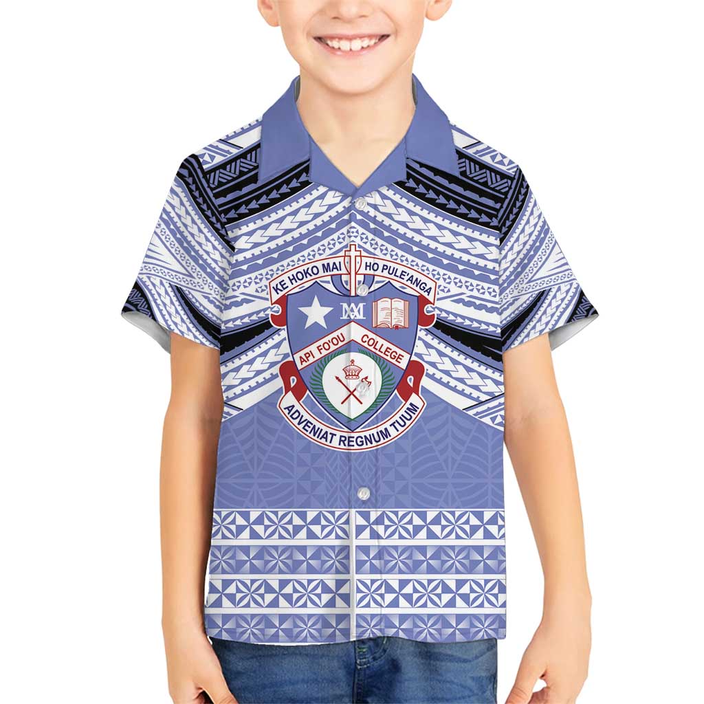 Personalised Tonga Apifoou College Family Matching Off Shoulder Maxi Dress and Hawaiian Shirt Polynesian Ngatu Tribal LT9 Son's Shirt Blue - Polynesian Pride
