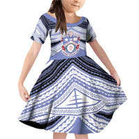 Personalised Tonga Apifoou College Family Matching Off Shoulder Short Dress and Hawaiian Shirt Polynesian Ngatu Tribal LT9 Daughter's Dress Blue - Polynesian Pride