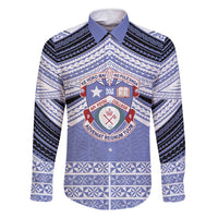Personalised Tonga Apifoou College Family Matching Off Shoulder Short Dress and Hawaiian Shirt Polynesian Ngatu Tribal LT9 Dad's Shirt - Long Sleeve Blue - Polynesian Pride