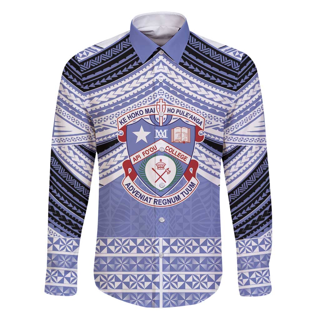 Personalised Tonga Apifoou College Family Matching Puletasi and Hawaiian Shirt Polynesian Ngatu Tribal LT9 Dad's Shirt - Long Sleeve Blue - Polynesian Pride