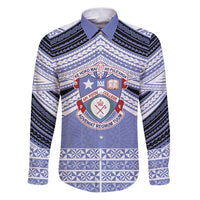 Personalised Tonga Apifoou College Family Matching Puletasi and Hawaiian Shirt Polynesian Ngatu Tribal LT9 Dad's Shirt - Long Sleeve Blue - Polynesian Pride