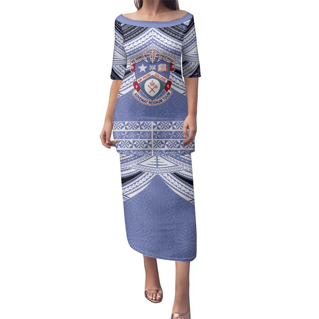 Personalised Tonga Apifoou College Family Matching Puletasi and Hawaiian Shirt Polynesian Ngatu Tribal LT9 Mom's Dress Blue - Polynesian Pride